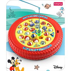 Babyhug Disney Premium Rechargeable Musical Board Fish Game with Rotating Pond| 21 Fishes & 4 Fishing Rods with Sound and Musical Gifting Toy - Red & Yellow