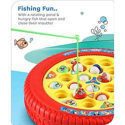 Babyhug Disney Premium Rechargeable Musical Board Fish Game with Rotating Pond| 21 Fishes & 4 Fishing Rods with Sound and Musical Gifting Toy - Red & Yellow