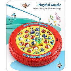 Babyhug Disney Premium Rechargeable Musical Board Fish Game with Rotating Pond| 21 Fishes & 4 Fishing Rods with Sound and Musical Gifting Toy - Red & Yellow