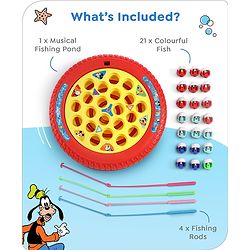 Babyhug Disney Premium Rechargeable Musical Board Fish Game with Rotating Pond| 21 Fishes & 4 Fishing Rods with Sound and Musical Gifting Toy - Red & Yellow