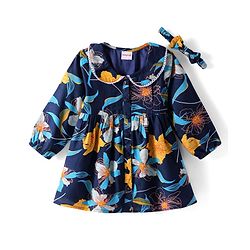Babyhug Woven Full Sleeves Peter Pan Collar Frock with Floral Print & Head Band - Navy Blue