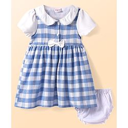 Babyhug Woven Half  Sleeves Peter Pan Collared Checkered Frock with Bow Applique & Bloomer - Light Blue