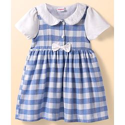 Babyhug Woven Half  Sleeves Peter Pan Collared Checkered Frock with Bow Applique & Bloomer - Light Blue
