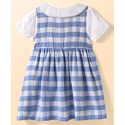 Babyhug Woven Half  Sleeves Peter Pan Collared Checkered Frock with Bow Applique & Bloomer - Light Blue