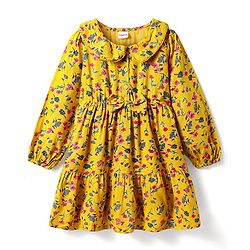 Babyhug Woven Full Sleeves Peter Pan Collard Frock with Floral Print & Bow Applique - Yellow