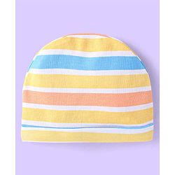 Babyhug Interlock Cotton Knit Tropical & Stripe Printed Caps Pack Of 2 - Blue & Yellow