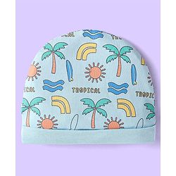 Babyhug Interlock Cotton Knit Tropical & Stripe Printed Caps Pack Of 2 - Blue & Yellow