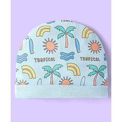 Babyhug Interlock Cotton Knit Tropical & Stripe Printed Caps Pack Of 2 - Blue & Yellow