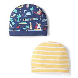 Babyhug Interlock Cotton Knit Beach & Stripe Printed Caps Pack Of 2 - Navy Blue & Yellow