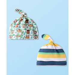 Babyhug Interlock Knit Caps with Animal Prints & Stripes Pack of 2 - White