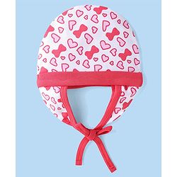 Babyhug 100% Cotton Knit Tie Knot Cap Heart & Bow Print - White
