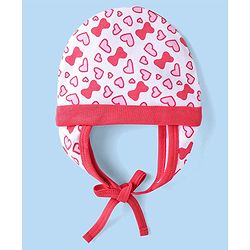 Babyhug 100% Cotton Knit Tie Knot Cap Heart & Bow Print - White