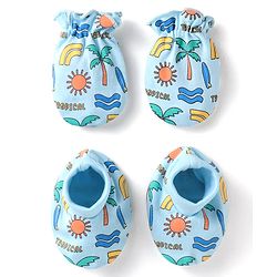 Babyhug 100% Cotton Knit Mittens & Booties With Tropical Print - Blue