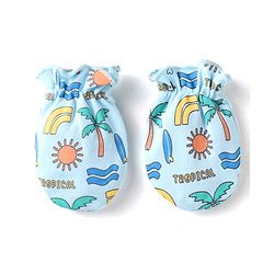 Babyhug 100% Cotton Knit Mittens & Booties With Tropical Print - Blue