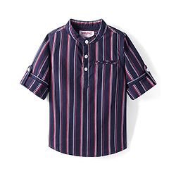 Babyhug Cotton Woven Full Sleeves Checkered Shirt With Mandarin Collar - Navy Blue
