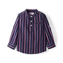 Babyhug Cotton Woven Full Sleeves Checkered Shirt With Mandarin Collar - Navy Blue