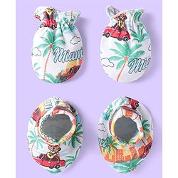 Babyhug Interlock Cotton Knit Mittens & Booties Set with Tropical Print - White