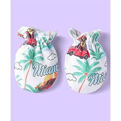 Babyhug Interlock Cotton Knit Mittens & Booties Set with Tropical Print - White