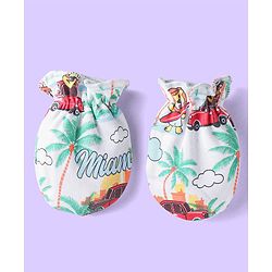 Babyhug Interlock Cotton Knit Mittens & Booties Set with Tropical Print - White