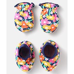 Babyhug 100% Cotton Mittens & Booties Floral Print Pack of 2 - Navy Blue