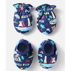 Babyhug 100% Cotton Knit Mittens & Booties With Beach & Text Print - Blue