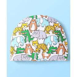 Babyhug Interlock Knit Caps Mittens & Booties With Animal Print - White