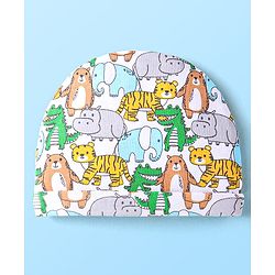 Babyhug Interlock Knit Caps Mittens & Booties With Animal Print - White
