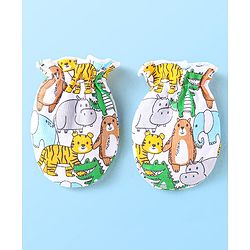 Babyhug Interlock Knit Caps Mittens & Booties With Animal Print - White