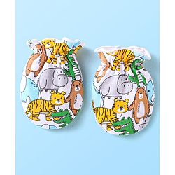 Babyhug Interlock Knit Caps Mittens & Booties With Animal Print - White