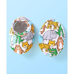 Babyhug Interlock Knit Caps Mittens & Booties With Animal Print - White