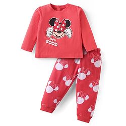 Babyhug Disney Single Jersey Knit Full Sleeves Night Suit with Minnie Mouse Graphics - Red