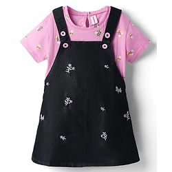 Babyhug Cotton Woven Frock & Half Sleeves Inner Tee With Floral Print & Embroidery - Black & Pink