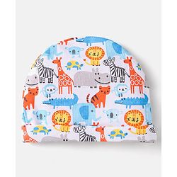 Babyhug Interlock Knit Caps Mittens & Booties With Animal Print - White