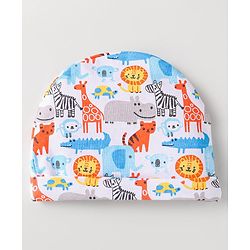 Babyhug Interlock Knit Caps Mittens & Booties With Animal Print - White