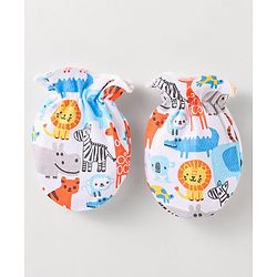 Babyhug Interlock Knit Caps Mittens & Booties With Animal Print - White