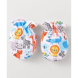 Babyhug Interlock Knit Caps Mittens & Booties With Animal Print - White