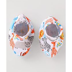 Babyhug Interlock Knit Caps Mittens & Booties With Animal Print - White