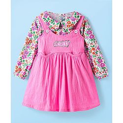 Babyhug Cotton  Woven Full Sleeves Floral Printed T-Shirt & Frock with Text Patch