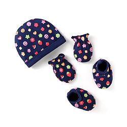 Babyhug Cotton Interlock Knit Cap Mittens And Booties Floral & Smiley Print - Navy Blue
