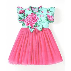 Babyhug Cotton Woven Frill Sleeves Frock With Floral Print & Bow Applique - Pink