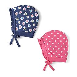 Babyhug 100% Cotton Knit Tie Knot Bonnet Cap Floral & Polka Dot Print Pack of 2 - Pink & Blue