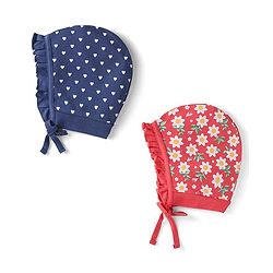 Babyhug 100% Cotton Knit Tie Knot Bonnet Cap Floral & Polka Dot Print Pack of 2 - Red & Blue