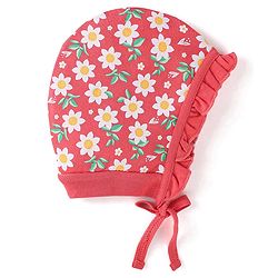 Babyhug 100% Cotton Knit Tie Knot Bonnet Cap Floral & Polka Dot Print Pack of 2 - Red & Blue
