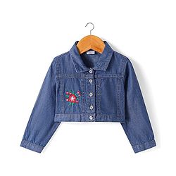 Babyhug Cotton Woven Checkered Frock With Full Sleeves Jacket & Floral Embroidery - Blue