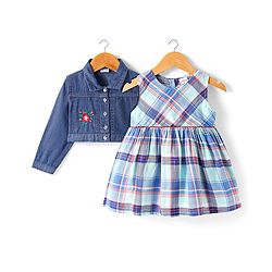 Babyhug Cotton Woven Checkered Frock With Full Sleeves Jacket & Floral Embroidery - Blue