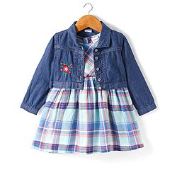 Babyhug Cotton Woven Checkered Frock With Full Sleeves Jacket & Floral Embroidery - Blue