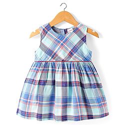 Babyhug Cotton Woven Checkered Frock With Full Sleeves Jacket & Floral Embroidery - Blue