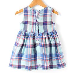 Babyhug Cotton Woven Checkered Frock With Full Sleeves Jacket & Floral Embroidery - Blue