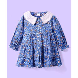 Babyhug Cotton Woven Full Sleeves Peter Pan Collard Front Open Frock with Floral Print  - Blue