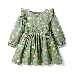 Babyhug Cotton Knit Full Sleeves Frock With Frill Detailing & Floral Print - Olive Green